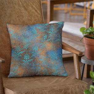Almofada Travesseiro Azul Floral Cobre Metálico Pátina Verd