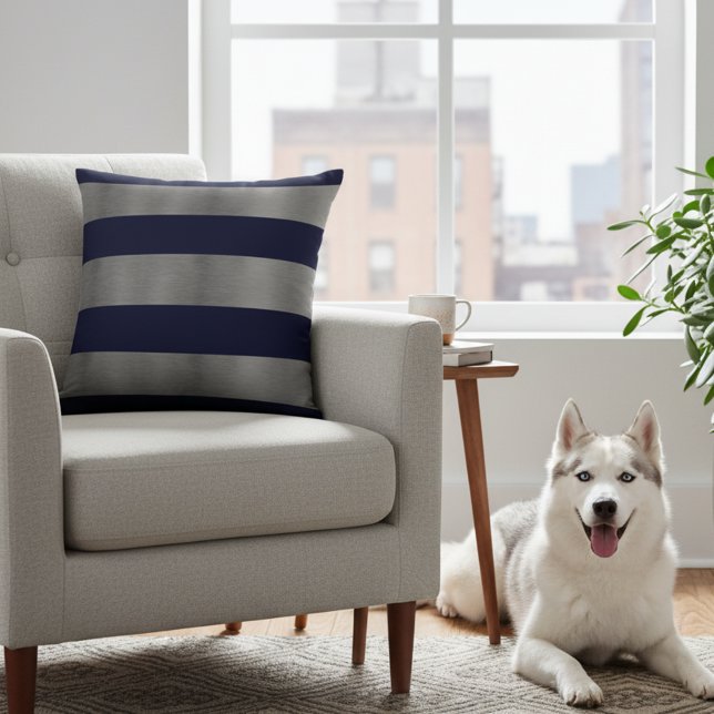 Almofada Travesseiro Azul Marinho e Prata (Striped silver gray and navy blue pillow.)