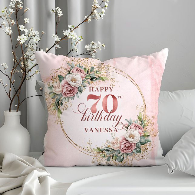 Almofada Travesseiro Boho Rosa Claro com Folhagem para Aniv (Light Pink Boho Pillow with Greenery 70th Birthday Pillow)