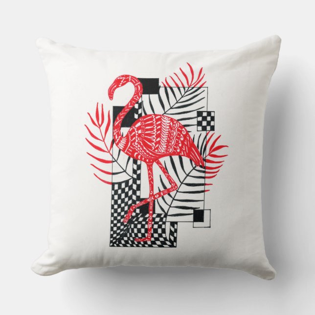 Almofada Travesseiro com padrão flamingo e folhas tropicais (Frente)