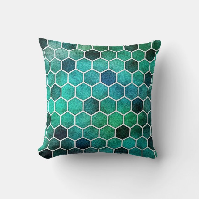 Almofada Travesseiro com padrão hexagonal azul, aqua e verd (Frente)