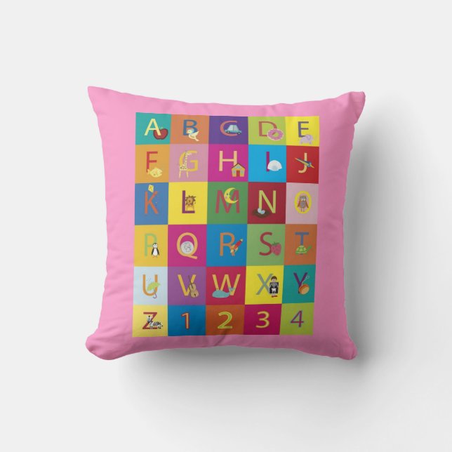 Almofada Travesseiro cor-de-rosa do alfabeto dos bebés (Frente)