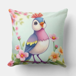 Almofada Travesseiro Cushion Floral de Pássaro Rosa Azul Fo
