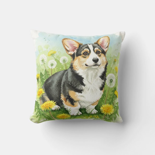 Almofada Travesseiro Cute Welsh Pembroke Corgi Dandelions (Frente)