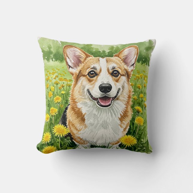 Almofada Travesseiro Cute Welsh Pembroke Corgi Dandelions (Frente)