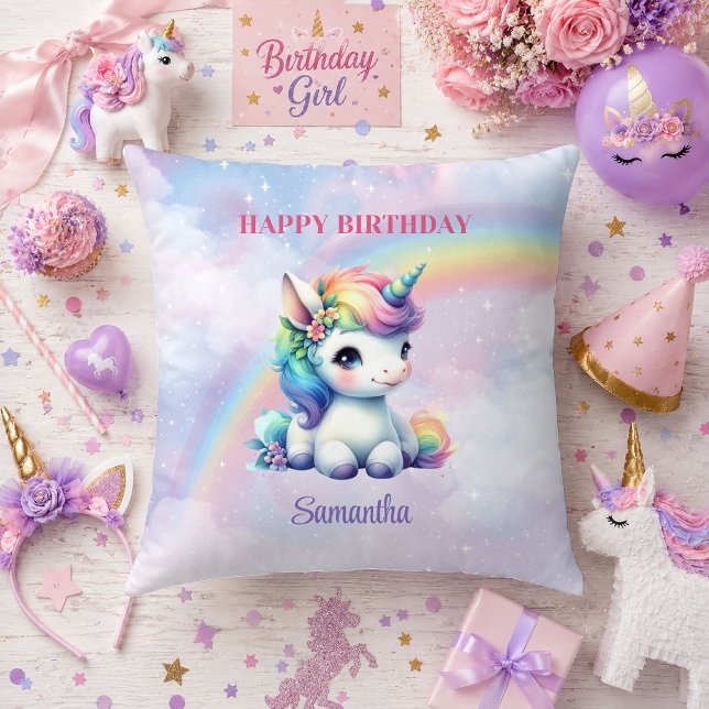 Almofada Travesseiro de aniversário de menina com unicórnio (Whimsical Unicorn Magical Day Girl Birthday Pillow

)