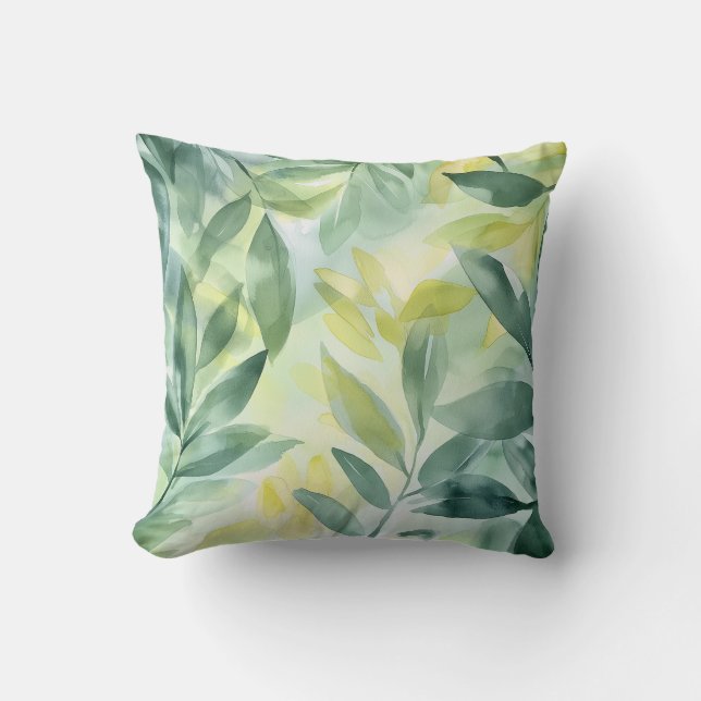Almofada Travesseiro de Aquarela de Folha Verde Suave (Frente)