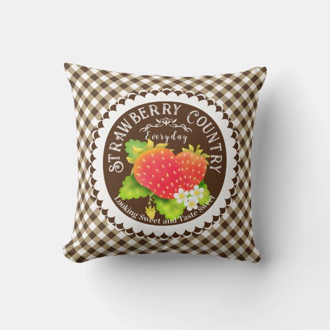 Almofada Travesseiro de Arremesso Gingham Marrom Morango (Frente)