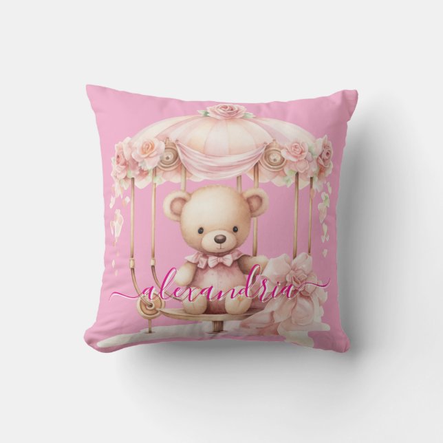 Almofada Travesseiro de Arremesso Urso de Pelúcia Rosa com  (Frente)