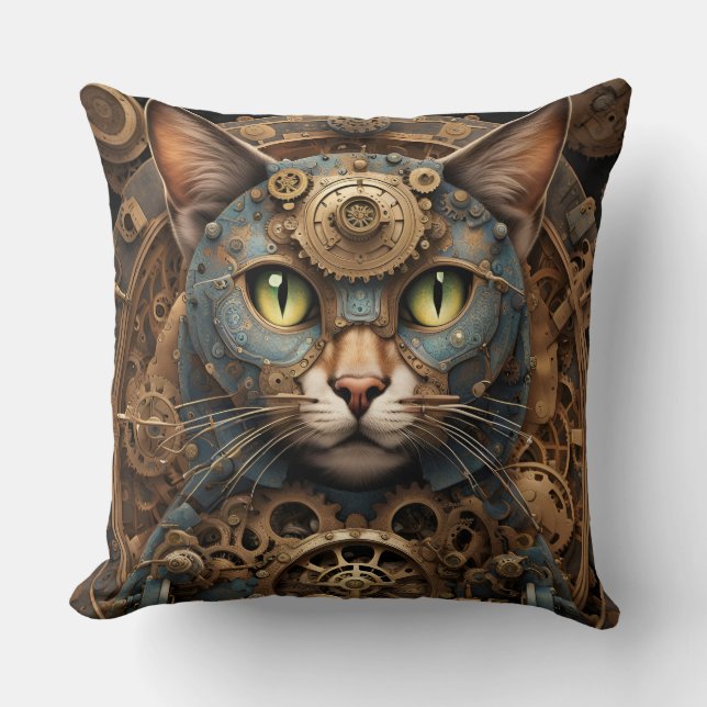 Almofada travesseiro de arte AI do gato steampunk (Frente)