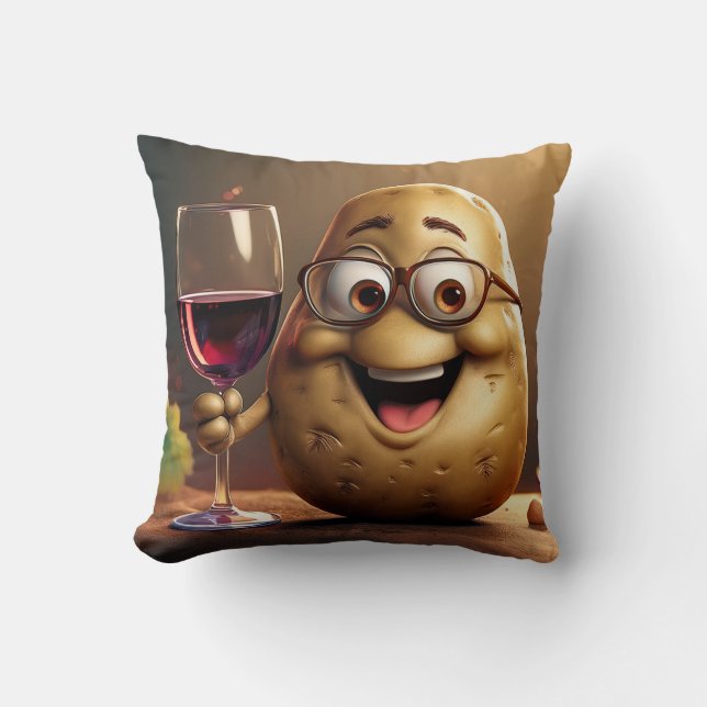 Almofada Travesseiro de Batata Engraçada Bebendo Vinho! (Frente)