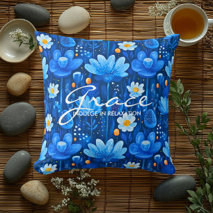Almofada Travesseiro de Bem-Estar Floral Azul e Branco