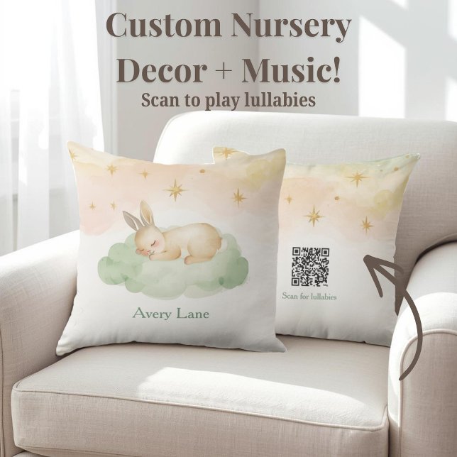 Almofada Travesseiro de Berçário Sleeping Bunny com Código  (Sooth baby to sleep with this bunny nursery pillow featuring a scannable Spotify lullaby QR code.)