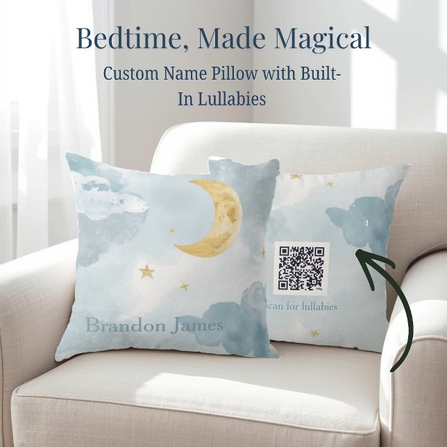 Almofada Travesseiro de Berço com Nome Personalizado do Beb (Personalized nursery pillow with baby name on front and QR code lullaby playlist on the back.)
