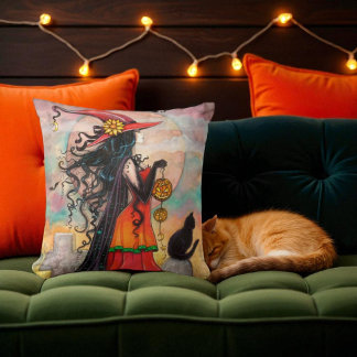 Almofada Travesseiro de Bruxa e Gato Preto para Halloween