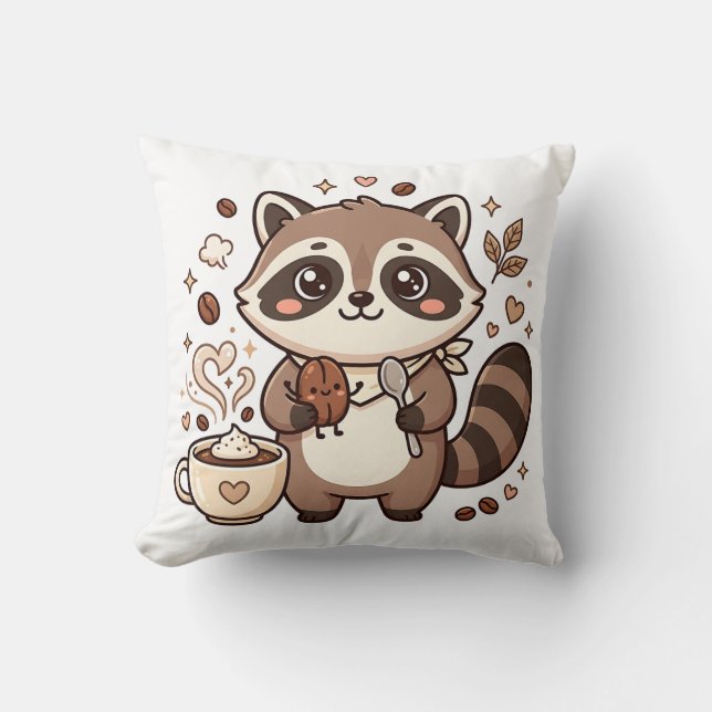 Almofada Travesseiro de Café com Guaxinim Fofo (Frente)