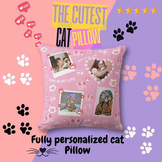 Almofada Travesseiro de Cat Personalizado com Fotos de Rost (Fully Personalized Cat Throw Pillow, Custom Your Cat Pillow, Add Cat Photo, Cat Name )