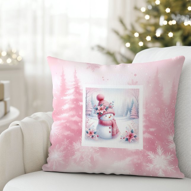 Almofada Travesseiro de Cena de Inverno com Boneco de Neve  (Pretty Pink Snowman Winter Scene Kids Room Pillow)