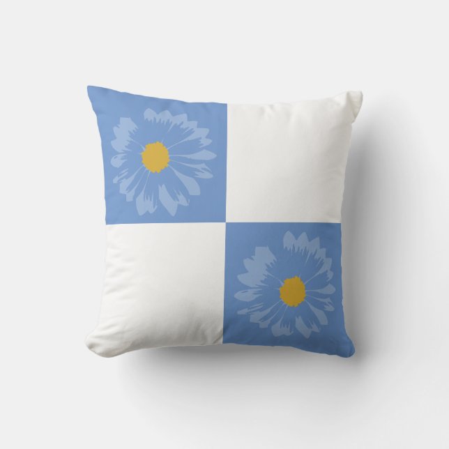 Almofada Travesseiro de Flor Azul e Branco Verificado (Frente)