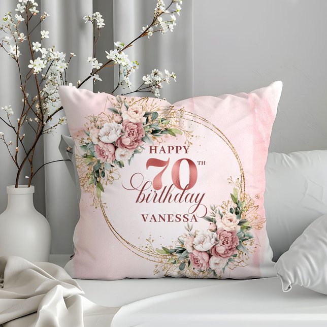 Almofada Travesseiro de Flores de Aquarela em Rose Gold par (Rose Gold Watercolor Flowers Pillow 70th Birthday Pillow)