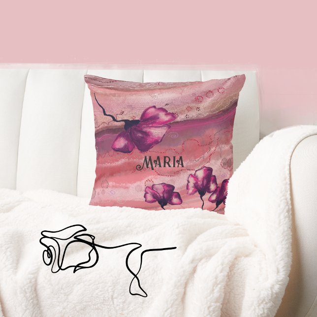 Almofada Travesseiro de Flores de Arte Personalizadas Rosa (Pink Personalized Art Flowers Pillow)