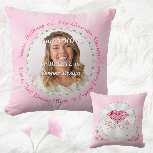 Almofada Travesseiro de Foto Personalizado, Presentes de An (Pink Throw Pillow. Photo birthday gifts. Pink birthday presents. Light Pink birthday gifts. Picture.)
