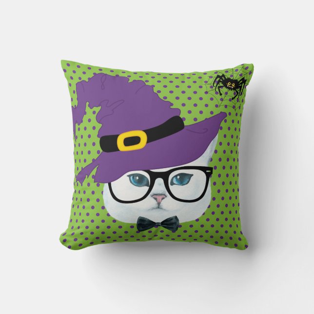 Almofada Travesseiro de Gato de Halloween com Bolinhas Roxa (Frente)