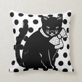 Almofada Travesseiro de Gato Preto Cinto e Bolinhas Pretas