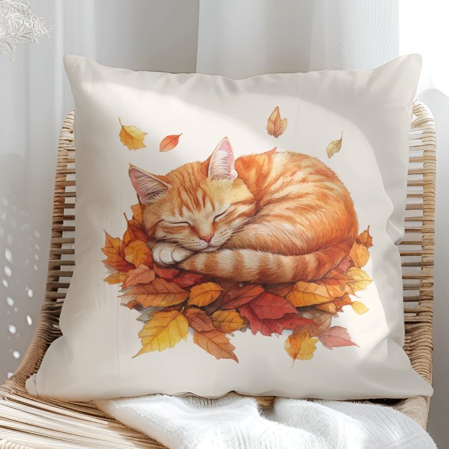 Almofada Travesseiro de Gengibre Dormindo Cozy - Cream Edit (Cozy Sleeping Ginger Cat Terracotta Pillow in a sunny boho rattan chair.)