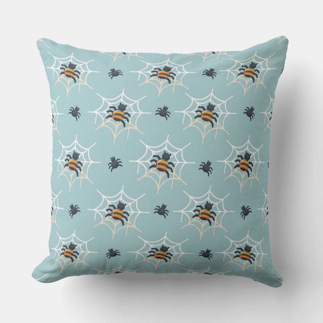 Almofada Travesseiro de Halloween Azul Claro com Aranhas (Frente)