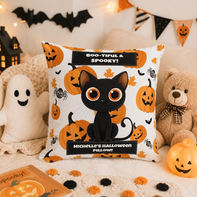 Almofada Travesseiro de Halloween – Design de Gato e Abóbor (Criador carregado)