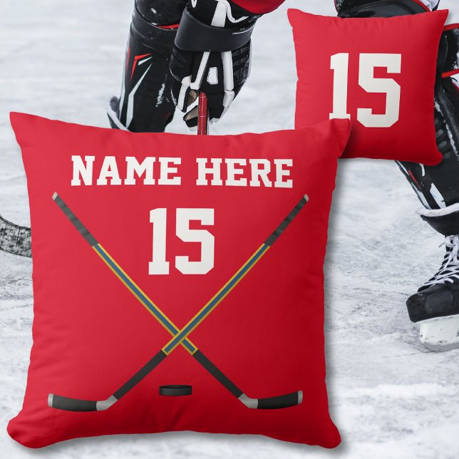 Almofada Travesseiro de Hóquei Personalizado, NOME, NÚMERO, (Red and White, Hockey Throw Pillow. Hockey Sticks. Hockey team gifts. Senior night Hockey ideas. )