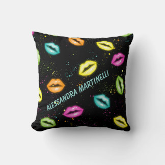 Almofada Travesseiro de Lábios Neon Personalizado em Preto