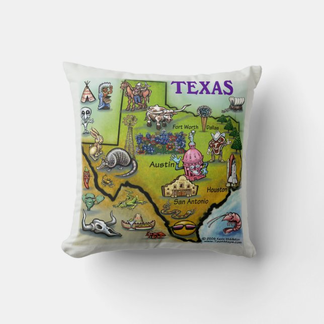 Almofada Travesseiro de Mapa de Cartoons do Texas (Frente)