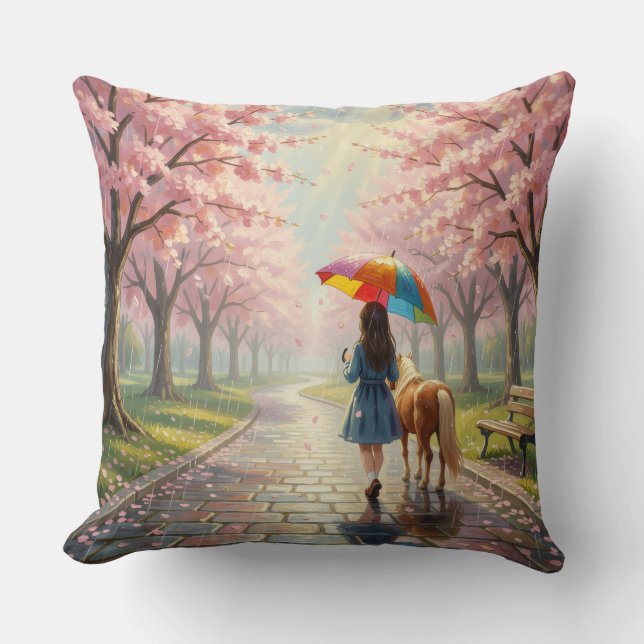 Almofada Travesseiro de Menina com Guarda-chuva e Pônei no  (Frente)