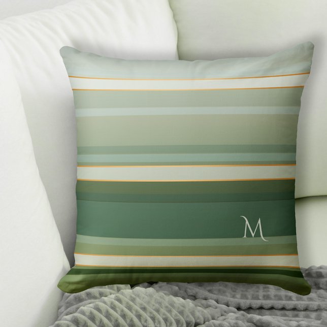 Almofada Travesseiro de Monograma com Pino Verde Elegante (Pillow featuring an elegant striped pattern in pine green with pastel turquoise and rose gold lines)