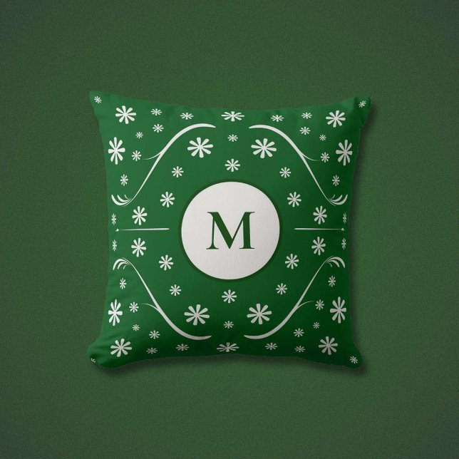 Almofada Travesseiro de Monograma de Energia da Flor Verde  (Emerald Green Flower Power Monogram Pillow)