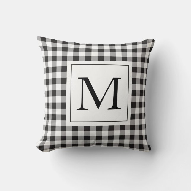 Almofada Travesseiro de Monograma Preto Gingham (Frente)