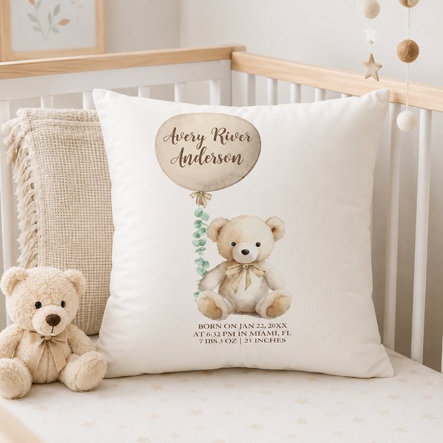 Almofada Travesseiro de Nascença de Urso de Pelúcia Neutro (Serene nursery with birth announcement pillow)