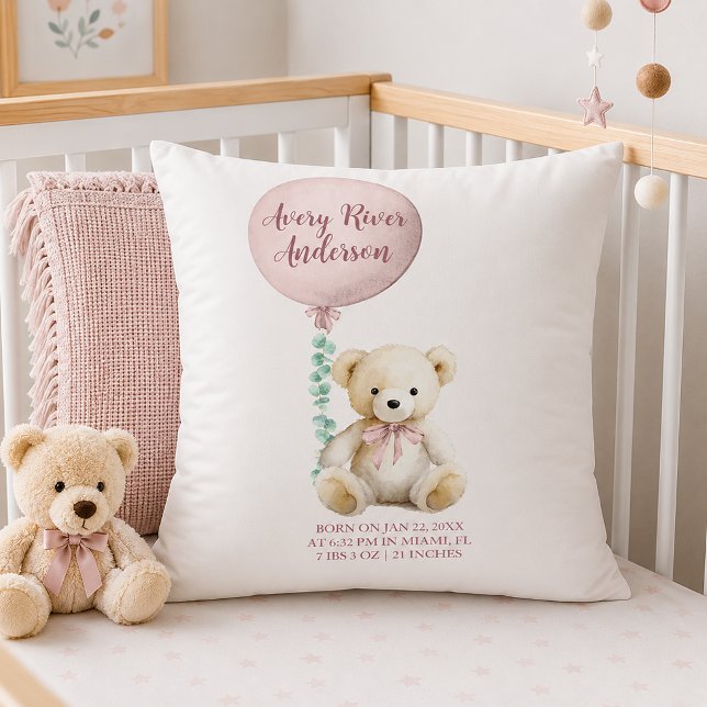 Almofada Travesseiro de Nascimento Urso de Pelúcia Rosa (Cozy nursery with personalized baby pillow)