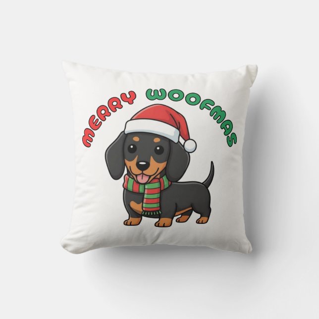 Almofada Travesseiro de Natal Black Dachshund: Feliz Woofma (Frente)
