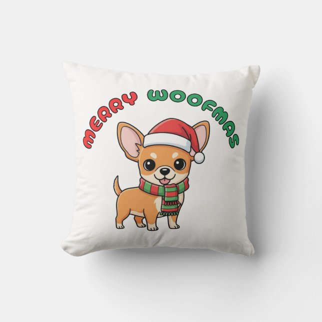 Almofada Travesseiro de Natal Chihuahua: Feliz Woofmas (Frente)