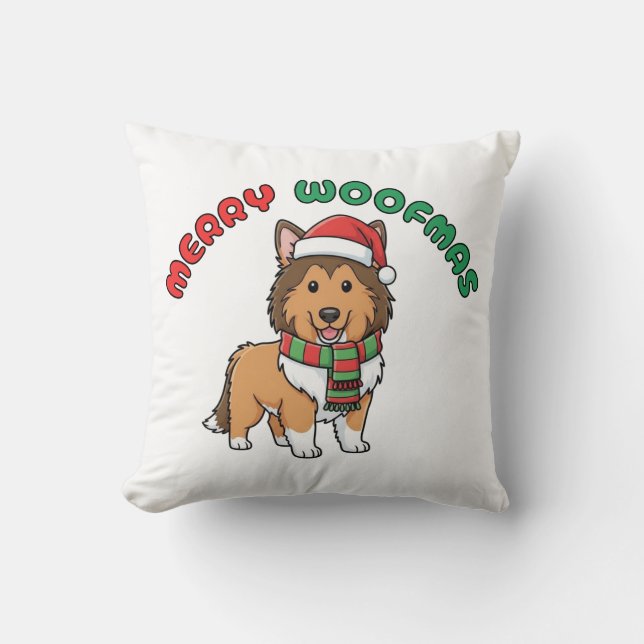 Almofada Travesseiro de Natal Collie: Feliz Woofmas (Frente)