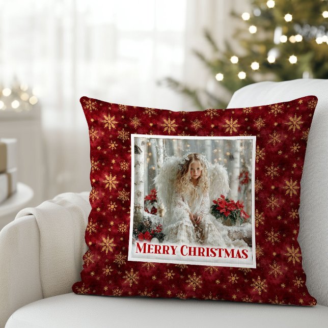 Almofada Travesseiro de Natal com Anjo Vermelho e Dourado e (Snug Red and Gold Angel Art Christmas Gift Pillow)