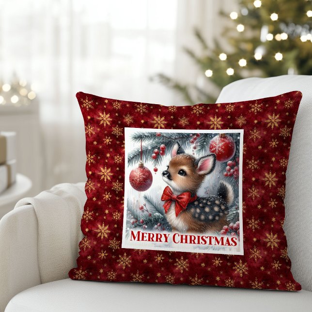 Almofada Travesseiro de Natal com cervo bebê na floresta ne (Sweet snowy forest baby fawn Christmas pillow (49))
