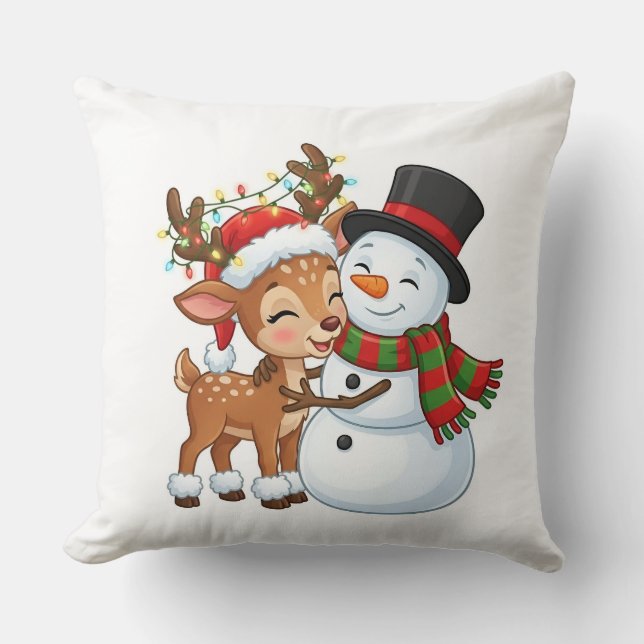 Almofada Travesseiro de Natal com Rena Fofa e Boneco de Nev (Frente)