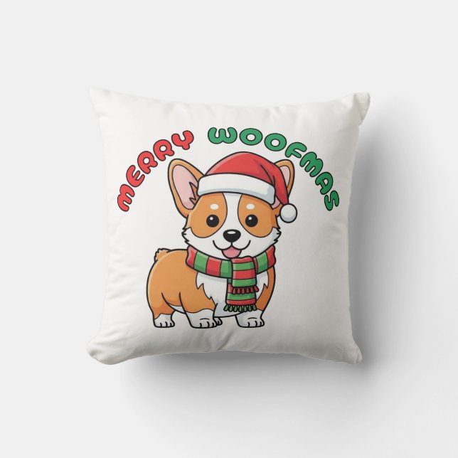 Almofada Travesseiro de Natal Corgi: Feliz Woofmas (Frente)