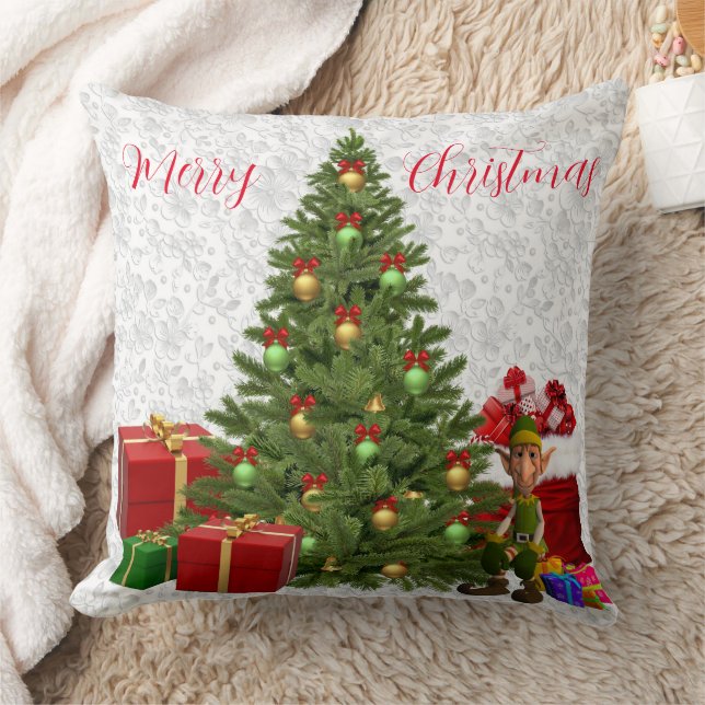 Almofada Travesseiro de Natal Elfo perto da Árvore com Pres (Cobertor)