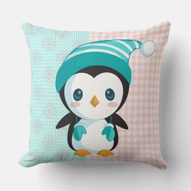 Almofada Travesseiro de Natal Pink/Mint Pastel Penguin (Frente)
