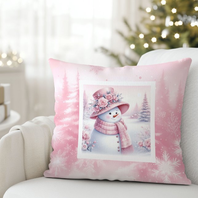 Almofada Travesseiro de Natal Rosa Divertido com Flanela de (Playful Pink Snowman Pillow Cozy Winter Look)